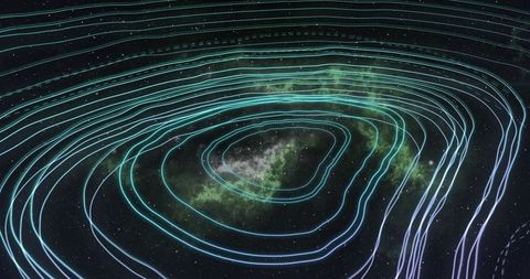 Swirling neon contour rings encircling green nebula, cosmic magnetic field visualization