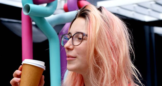 Woman with Pink Hair Drinking Coffee Outdoors - Download Free Stock Images Pikwizard.com