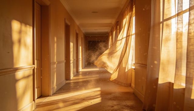 Billowing sheer curtains catching golden sunlight in long paneled hallway with dust motes