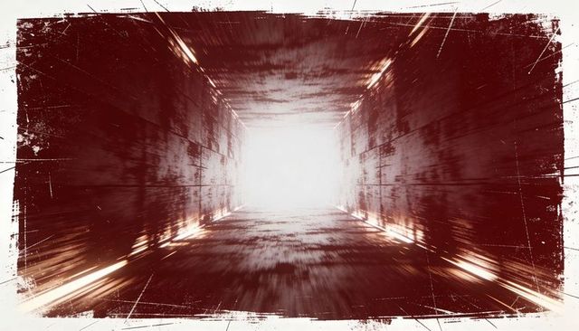 Futuristic metallic corridor leading toward bright exit with motion blur and grunge frame