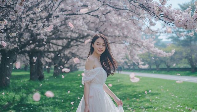 Smiling woman in white dress under falling cherry blossoms romantic spring portrait