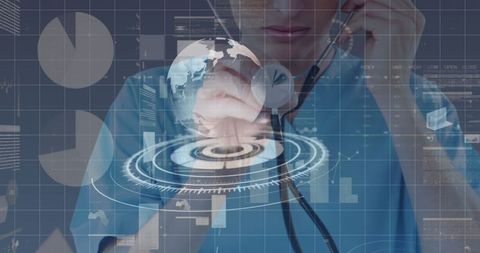 Caucasian Female Doctor Interfacing with Global Medical Data