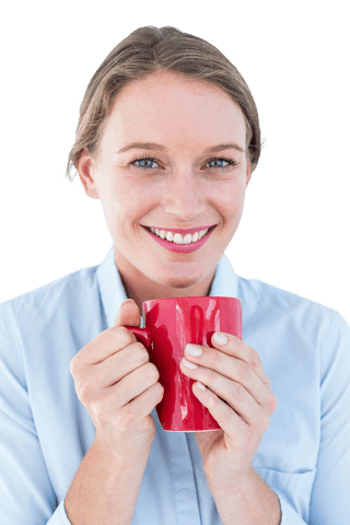 Businesswoman Smiling Holding Red Mug on Transparent Background