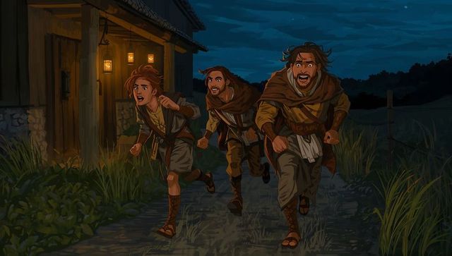 Nighttime trio of fleeing adventurers running past lantern-lit cottage during urgent escape