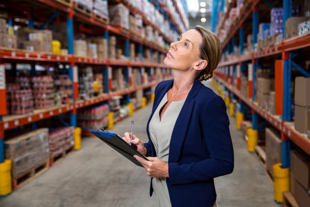 Business woman is concentrating during her work in a warehouse 