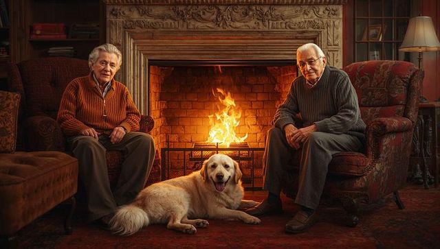 Senior Companionship in Cozy Living Room by Ornate Fireplace