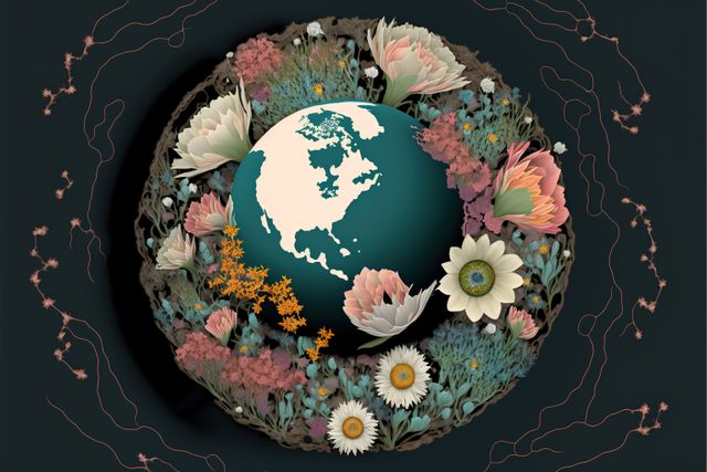 Globe with overgrowing flowers and roots on black background, created using generative ai technology. Earth day and ecology concept digitally generated image.