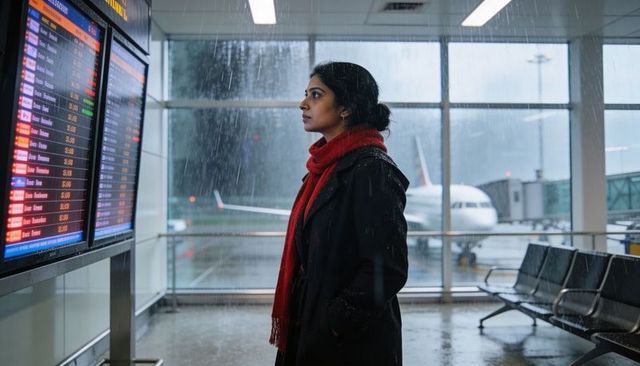 Indian woman checking flight departures on digital board at rainy airport gate