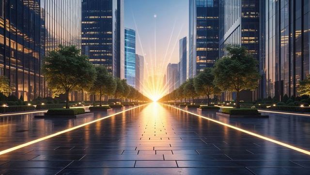 Futuristic City Walkway with Lights and Skyscrapers at Sunset