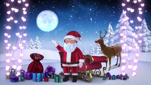 An animated scene featuring Santa Claus waving beside a red sleigh, wrapped gifts, a full moon, and festive pink heart-shaped lights. Ideal for festive holiday themes, Christmas greeting cards, promotional materials, and decorating Christmas-themed events. Captures the magic and tradition of the holiday season.