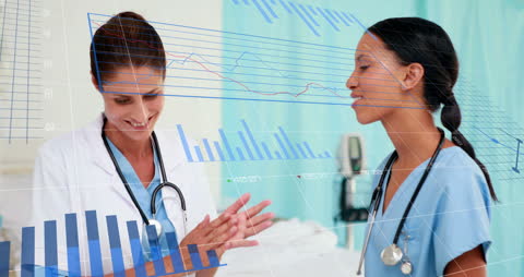 Female Doctors Collaborating with Financial Data Imagery