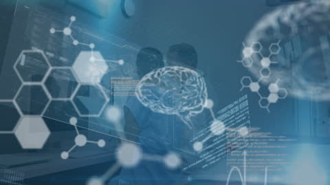 Medical Scientists Analyzing Virtual Brain Model with Data