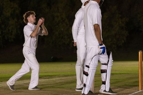 Bowler appealing for wicket under floodlights on night cricket pitch