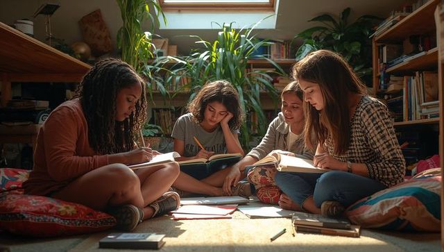 Teen girls studying together on cozy loft floor using textbooks and notebooks