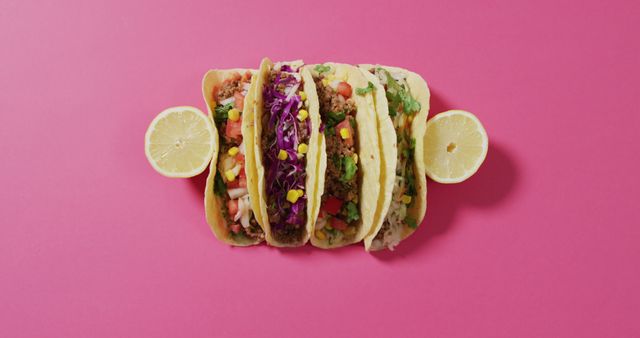 Image of freshly prepared tacos lying on board on pink background. cuisine, cooking, food preparing, taste and flavour concept.