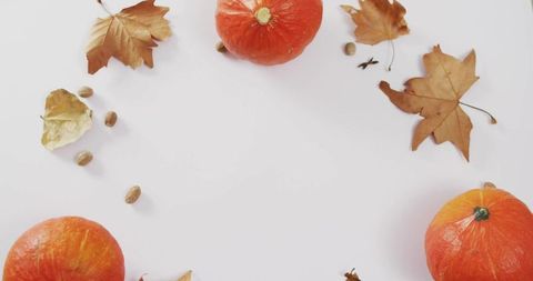 Minimal autumn flat-lay with orange pumpkins, dried leaves, acorns and negative space