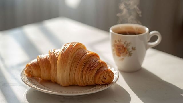 Golden flaky croissant basking in morning sunlight with steaming floral mug on cozy breakfast table