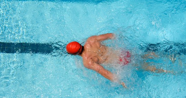 Swimmer Doing Laps in Outdoor Pool Wearing Red Cap - Download Free Stock Images Pikwizard.com