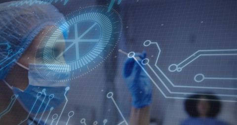 Clinician interacting with holographic medical interface using touchscreen in laboratory