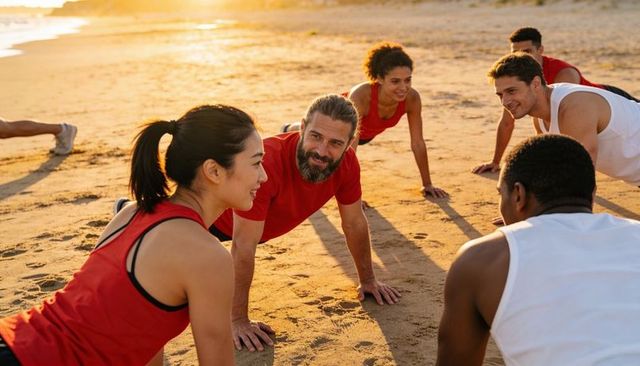 Group beach workout at sunset doing planks on sandy shoreline