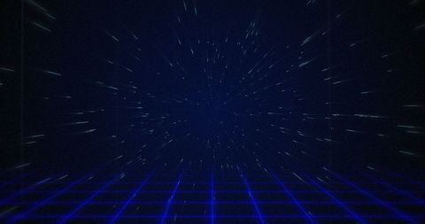 This image captures a retro gaming aesthetic with a digitally glitching 'game over' text layered over vibrant neon blue and red triangles. The nostalgic design, complemented by a white hyperspace effect, evokes a classic futuristic theme. Ideal for use in gaming content, websites, or marketing materials focused on retro or digital themes. Perfect for creating a sense of nostalgia or showcasing digital art styles in presentations and wallpapers.