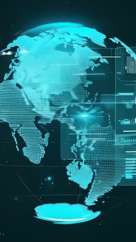 Materializing Holographic Earth Globe with Rotating Data Panels Vertical Tech Visualization