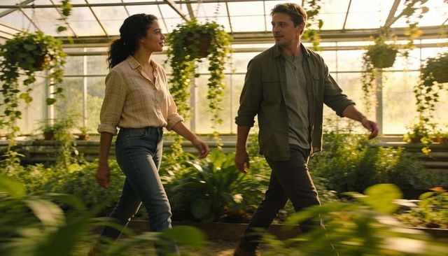 Couple walking through sunlit greenhouse chatting among hanging plants