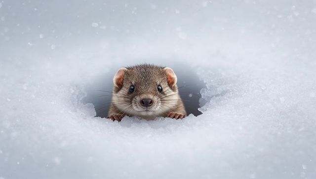 Curious weasel peeking from snow hole, whiskers and paws framed by frosty crystals, winter