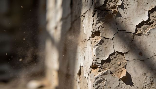 Crumbling plaster revealing weathered masonry with suspended dust and sunlit texture