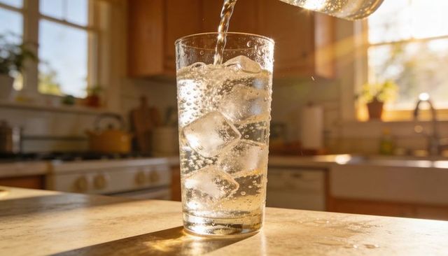 Sunlit sparkling water pouring into ice-filled glass on farmhouse kitchen countertop