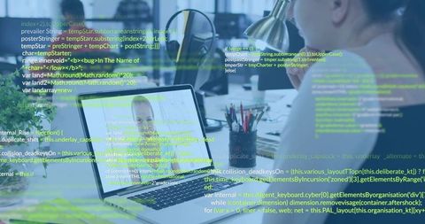 Woman Developer Wearing Glasses Typing on Laptop in Modern Office with Code Overlay