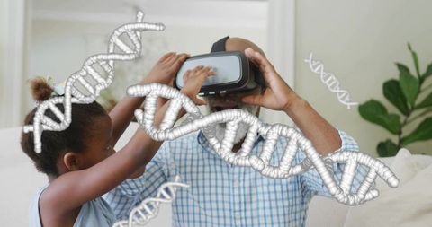 Grandparent and grandchild exploring dna with vr headset intergenerational science learning
