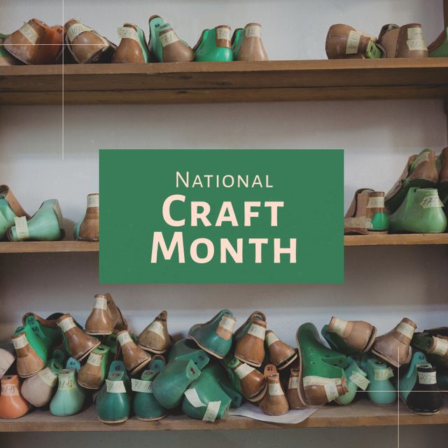 Composition of national craft month text over shoe moulds in shoemaker workshop. National craft month, craftsmanship and small business concept.