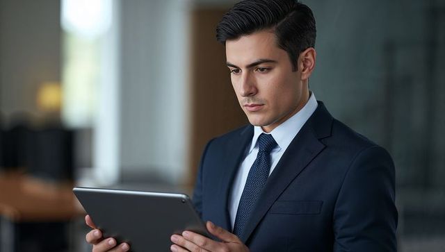Businessman in Formal Suit Using Tablet in Modern Office Environment