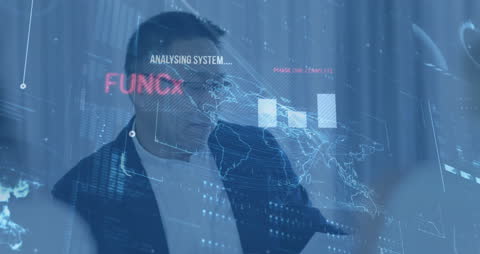 Data Processing Overlaid on Businessman in Futuristic Network