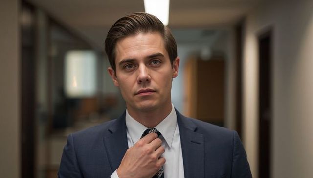 Adjusting tie in office hallway, navy suit and white shirt, professional executive headshot