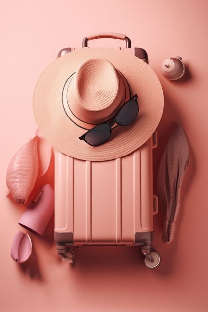 This photo of a stylish pink travel set includes a small suitcase, summer hat, sunglasses, and various accessories neatly arranged on a matching blush pink background. Perfect for articles about vacation packing tips, travel fashion guides, promoting travel-related products, or feminine lifestyle blogs. Suitable for advertisements or websites focusing on summer travel, stylish luggage, or holiday essentials.