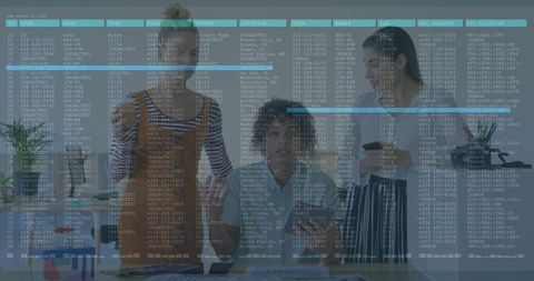 Diverse team analyzing data with digital overlay highlighting innovation