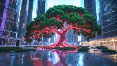 Neon radiance dreaming tree enlivens modern urban plaza