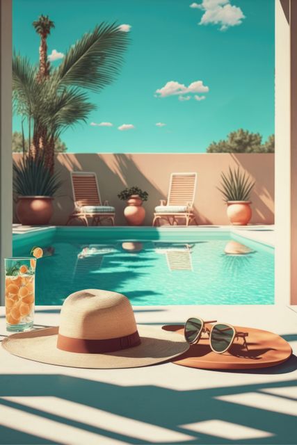 Poolside Relaxation with Sunhat, Sunglasses, and Refreshing Drink - Download Free Stock Images Pikwizard.com