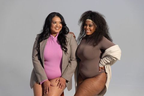 Confident diverse women posing in bodysuits and blazers celebrating body positivity