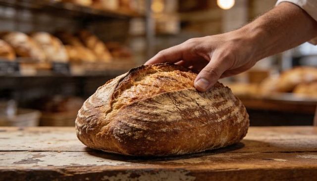 Baker steadying crusty sourdough loaf on rustic wooden counter