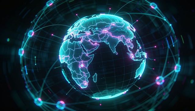 Rotating holographic wireframe globe connecting magenta nodes and neon 3d data arcs