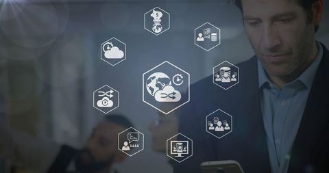 Caucasian Businessman Using Smartphone with Digital Network Icons - Download Free Stock Images Pikwizard.com