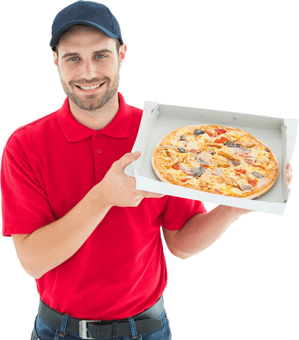 smiling pizza delivery man offering fresh pizza box transparent - Download Free Stock Videos Pikwizard.com