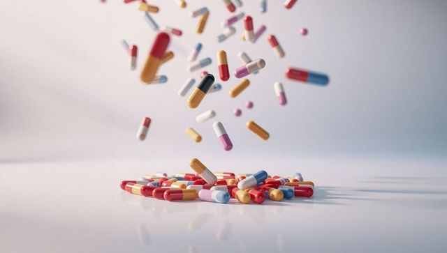 Multicolored capsules fall over shiny white surface