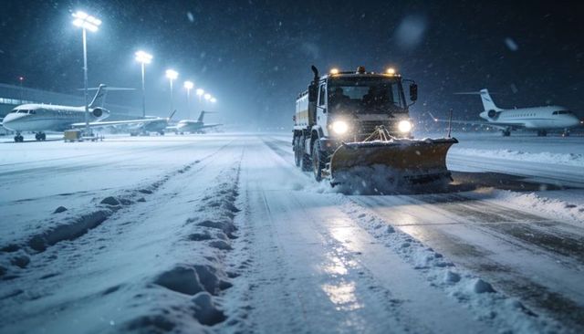 Nighttime airport snowplow clearing runway in heavy snowfall with parked business jets