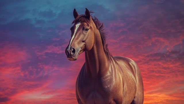 Majestic Chestnut Horse Under Vibrant Sunset Sky