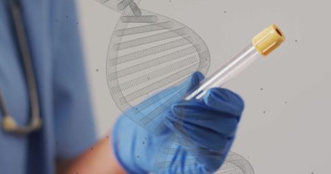 Scientist Holding Test Tube with DNA Strand Overlay
