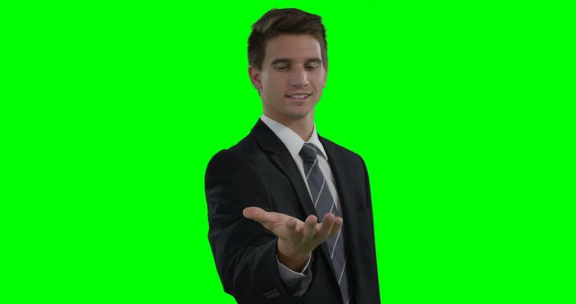 Businessman Presenting Palm Against Green Screen Background - Download Free Stock Images Pikwizard.com